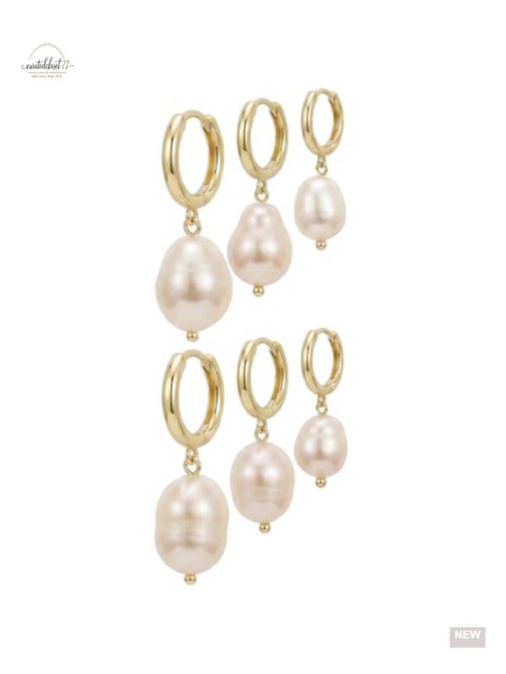 3 Pairs Huggie Hoop Pearl Earrings for Women, 14K Gold Plated Drop Dangle